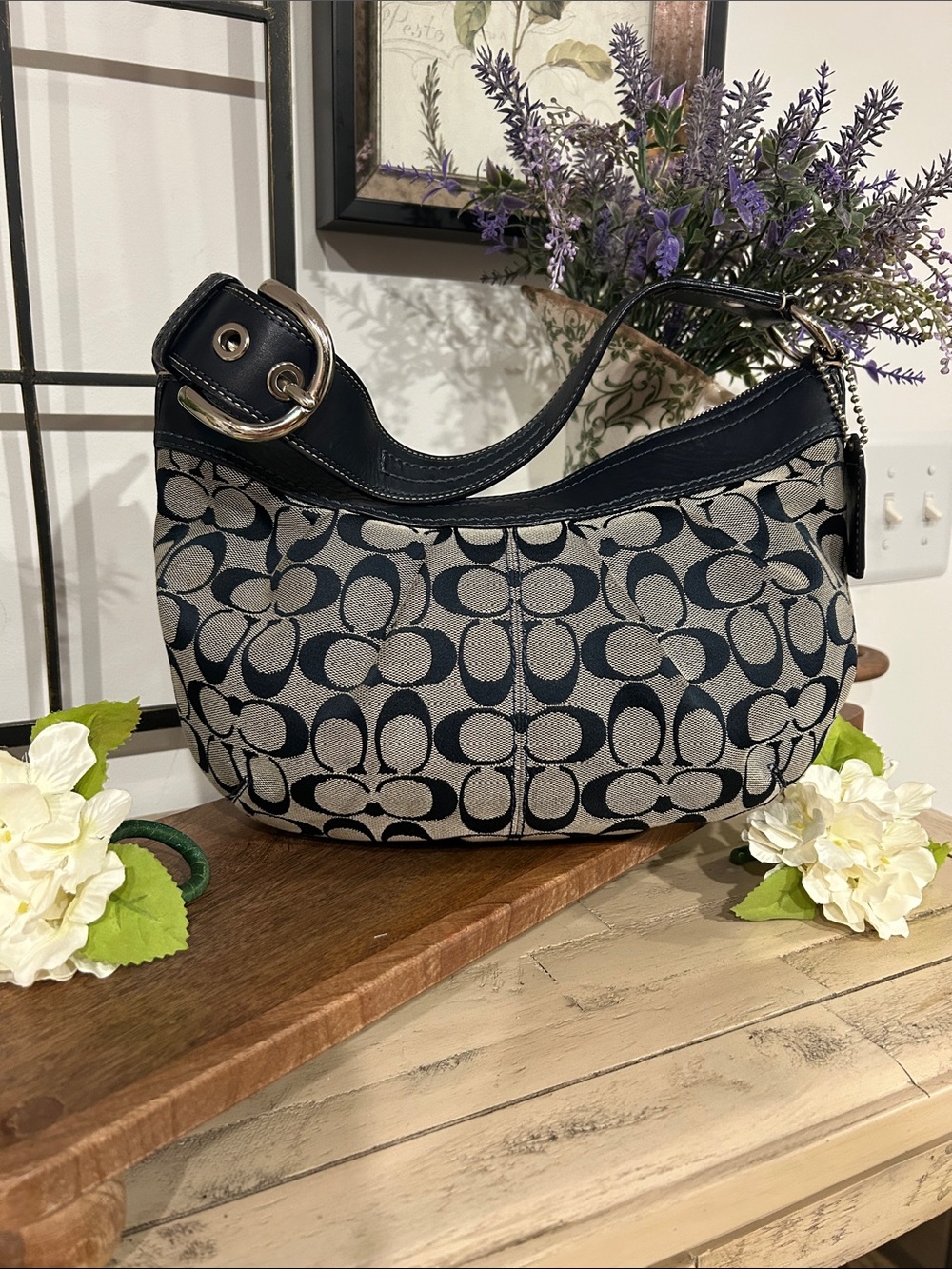 Coach Navy and Khaki Signature Canvas Hobo Shoulder Bag